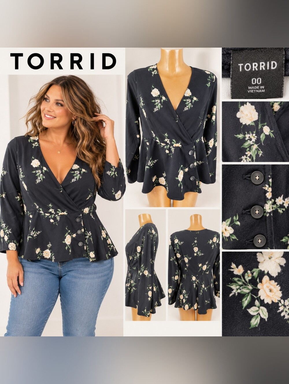 torrid Black Floral Wrap Peplum Blouse with Side Buttons